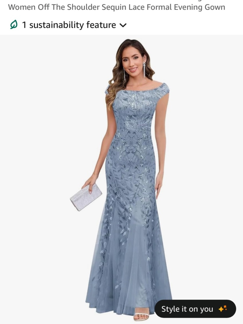 Off-The-Shoulder Sequin Lace Formal Evening Gown - Dusty Blue